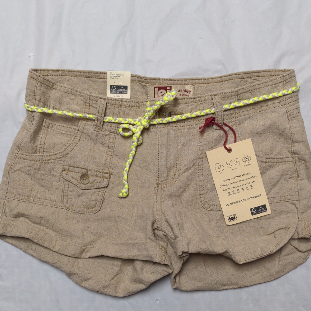 Lei Vintage Y2K Ashley Low Rise Linen Tan Cargo Short Shorts Deadstock New Sz 9